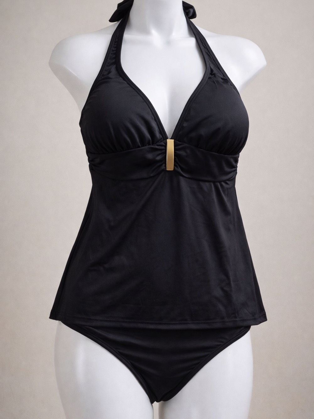 2Bamboo Black Halter Tankini Swimsuit with Gold Accent